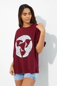 Kadın Baskılı Oversize T-shirt Bordo thumbnail 8