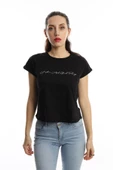Kadın Bisiklet Yaka Baskılı Crop Tişört Siyah thumbnail 1