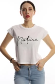 Kadın Nature Yazı Baskılı Crop Tişört Beyaz - 1