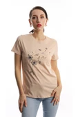 Kadin Bisiklet Yaka Baskılı Basic Tişört Bej thumbnail 1