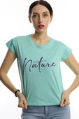 Kadın Nature Yazı Baskılı Crop Tişört Turkuaz thumbnail 3