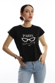 Kadın Paris Yazı Baskılı Crop Tişört Siyah thumbnail 1
