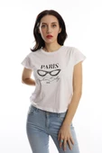 Kadın Paris Yazı Baskılı Crop Tişört Beyaz thumbnail 1