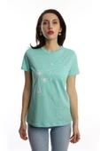 Kadin Bisiklet Yaka Baskılı Basic Tişört Turkuaz thumbnail 1