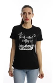 Kadın Good Vibes Only Yazı Baskılı Tişört Siyah thumbnail 1