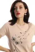 Kadin Bisiklet Yaka Baskılı Basic Tişört Bej thumbnail 2