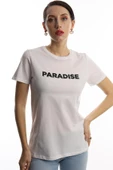 Kadın Bisiklet Yaka Paradise Baskılı Regular Fit Tişört Beyaz - 1