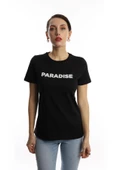 Kadın Bisiklet Yaka Paradise Baskılı Regular Fit Tişört Siyah - 1