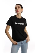 Kadın Bisiklet Yaka Paradise Baskılı Regular Fit Tişört Siyah - 2