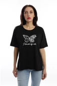 Kadın Bisiklet Yaka Kelebek Baskılı Oversize Tişört Siyah thumbnail 1