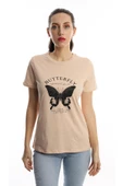 Kadın Kelebek Baskılı Bisiklet Yaka Regular Fit Tişört Bej thumbnail 1