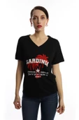 Kadın V Yaka Sardinia Baskılı Regular Fit Tişört Siyah thumbnail 1