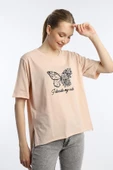 Kadın Kelebek Baskılı Oversize Tişört Bej thumbnail 1