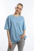 Kadın Oversize Bisiklet Yaka Tişört Mavi - 1