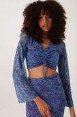 Kadın Ön Astarlı Mesh Crop Bluz Mavi - 1