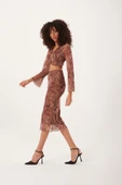 Kadın Ön Astarlı Mesh Crop Bluz Kahverengi - 3
