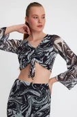 Kadın Ön Astarlı Mesh Crop Bluz Siyah - 1