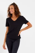 Kadın Modal Kumaş V Yaka Parçalı T-shirt Siyah - 1