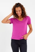 Kadın Modal Kumaş V Yaka Parçalı T-shirt Fuşya - 2