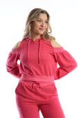 Kadın Kapüşonlu Omuz Dekolteli Sweatshirt Pembe - 1