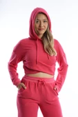 Kadın Kruvaze Detaylı Kapüşonlu Crop Sweat Pembe - 2