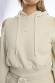 Kadın Kapüşonlu Omuz Dekolteli Sweatshirt Ekru - 4