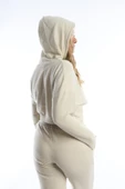 Kadın Kruvaze Detaylı Kapüşonlu Crop Sweat Ekru - 5