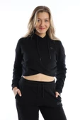 Kadın Kruvaze Detaylı Kapüşonlu Crop Sweat Siyah - 1