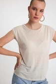 Kadın Tencel Kumaş Bisiklet Yaka T-shırt Taş - 2