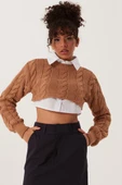 Kadın Triko Crop Sweatshirt Taba - 1