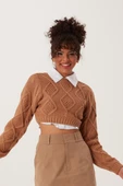 Kadın Triko Sweatshirt Taba - 1