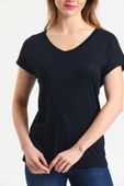 Kadın Bambu Kumaş V Yaka T-shirt Siyah - 2