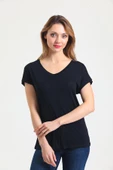Kadın Bambu Kumaş V Yaka T-shirt Siyah - 1