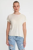 Kadın Bambu Kumaş Bisiklet Yaka T-shirt Bej - 1