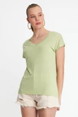 Kadın Bambu kumaş V Yaka T-shirt  Mint - 1
