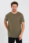 Erkek Tencel Kumaş Bisiklet Yaka T-shirt Haki - 1