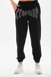 Gucso Kadın Crystalline Yazılı Taş Detaylı Eşofman Altı - Siyah - 1