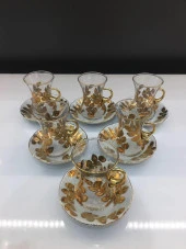PORSELEN EL BOYAMA ÇAY SETİ 6'LI YAPRAK MODEL ALTIN - 1