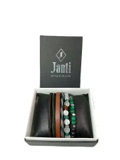 JTSS24KOB1458 DERİ - ONYX - MALAHİT - KUVARS - HEMATİT DOĞALTAŞ KOMBİN BİLEKLİK - 3