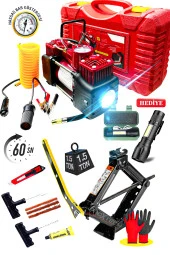 Combo  12V 150PSI Ağır Hizmet Çift Silindirli Çantalı Hava Kompresörü 1500KG  Cırcırlı Kriko Set - 1