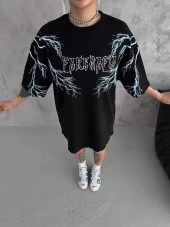 Unisex Bisiklet Yaka Baskılı Oversize T-Shirt - Siyah thumbnail 1