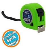 Şerit Metre 5 m x 25 mm Yeşil Renk Düğmeli Ölçüm Ölçme Plastik Kasalı Klipsli - 1