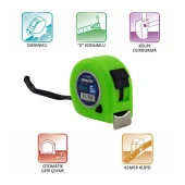 Şerit Metre 5 m x 25 mm Yeşil Renk Düğmeli Ölçüm Ölçme Plastik Kasalı Klipsli - 5