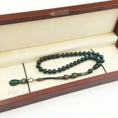 Özel Kutulu 1000 Ayar Gümüş Püsküllü Yeşil Sıkma Kehribar Tesbih Tespih thumbnail 2