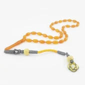 1000 Ayar Gümüş Kazaz Püsküllü Bal Rengi Sıkma Kehribar Tesbih Tespih - 1