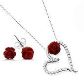 Pigado 925 Ayar Gümüş Zirkon Taşlı Kalpli Gül Kolye Küpe Seti - 1