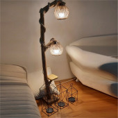 Uzun Doğal Ahşap 140 cm 2 li Küre Karpuz Ledli Ampullü Standart Duylu Sehpalı Aplik Lambader Abajur - 1