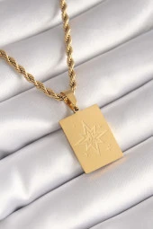 316L Çelik Gold Renk Burgu Zincir Kutup Yıldızı İşleme Plaka Figür Kadın Kolye thumbnail 1
