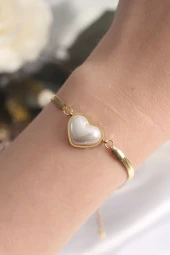 316L Çelik Gold Renk Bombeli Kalp Kadın Bileklik thumbnail 2