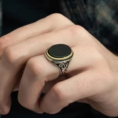 Gümüş Oval Oniks Taşlı Erkek Yüzük - 7